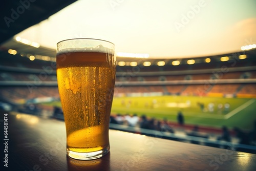 Bier trinken im Fußballstadion. Frisch gezapftes Bier als Zuschauer beim Sport mit Platz für Text. photo
