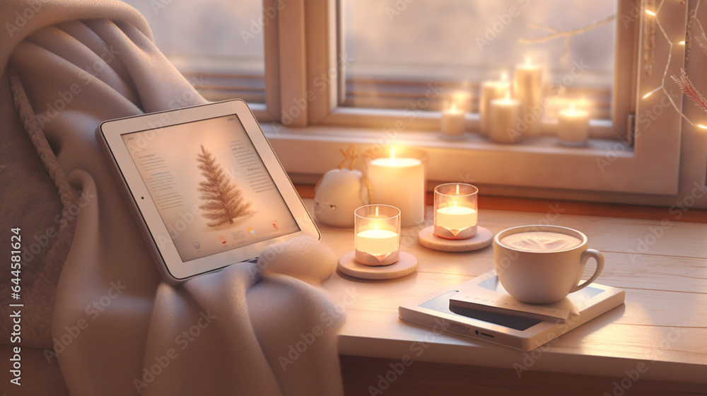 Winter evening at home, preparation for Christmas with app on tablet. Soft blankets and candles creating an atmosphere of comfort and coziness. Banner. Winter evening at home, preparation for Christmas with app on tablet. Soft blankets and candles creating an atmosphere of comfort and coziness. Banner.