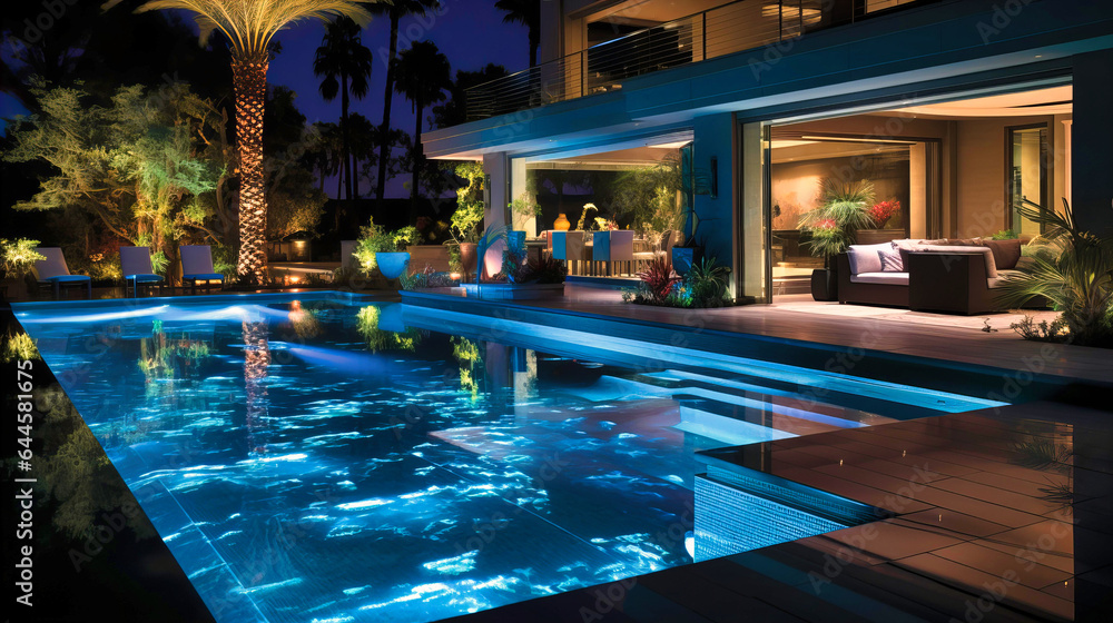 Pools with dark tiles and illuminated waters,