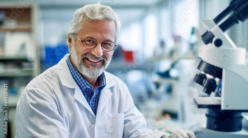 doctor posing at camera in the laboratory next to a microscope. Microbiologist in the microbiology lab of hospital. Generative ai