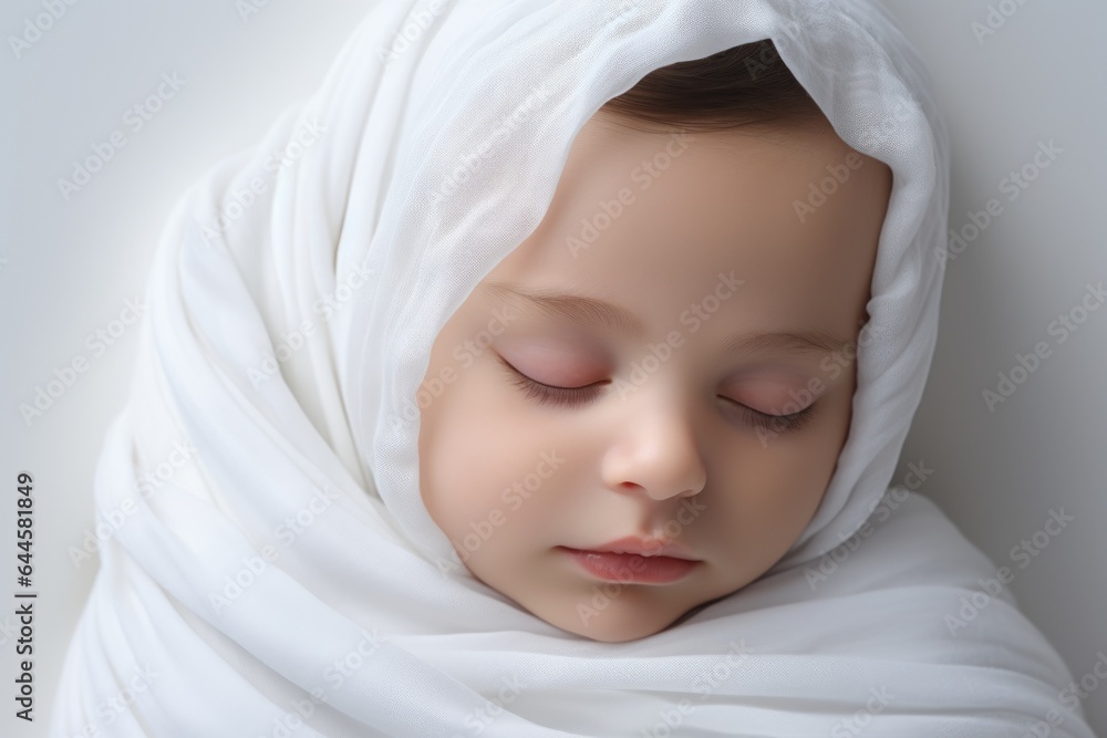 Newborn baby in white swaddling blanket. Generative AI Newborn baby in white swaddling blanket. Generative AI