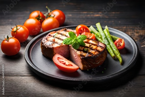 Thick, succulent fillet steak, grilled to perfection, accompanied by roasted vegetables and tomatoes, elegantly presented on a rustic wooden platter.