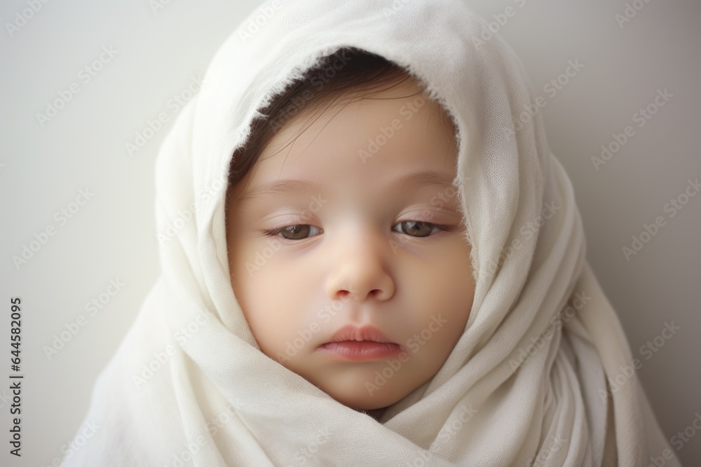 Newborn baby in white swaddling blanket. Generative AI Newborn baby in white swaddling blanket. Generative AI