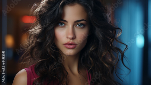 close up of beautiful woman with long curly hair and eyes