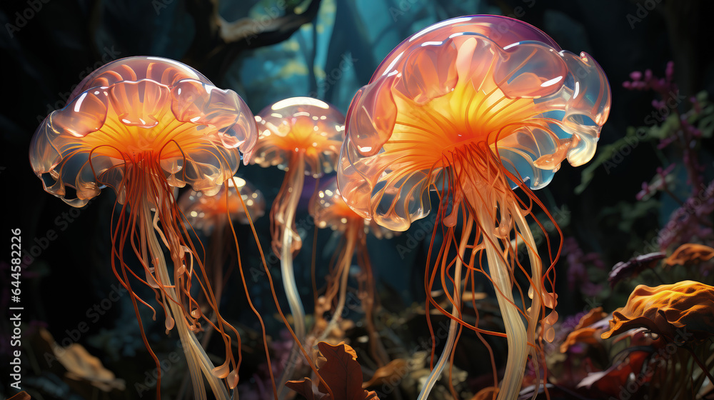 Fototapeta premium Abstract artwork of A jellyfish, Complementary, Honeycomb pattern, Chaotic mood.