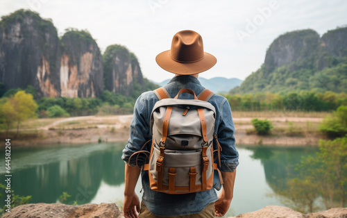 Young traveler wearing a hat with backpack hiking outdoor Travel Lifestyle and Adventure concept