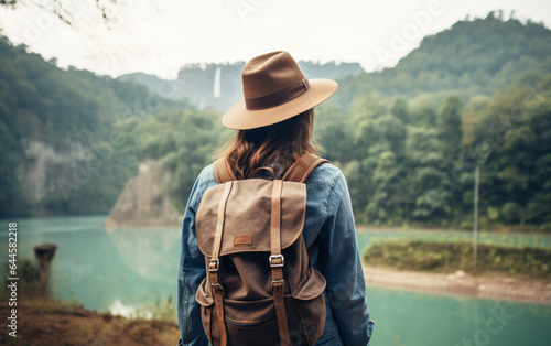 Young traveler wearing a hat with backpack hiking outdoor Travel Lifestyle and Adventure concept
