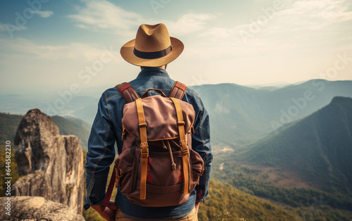Young traveler wearing a hat with backpack hiking outdoor Travel Lifestyle and Adventure concept