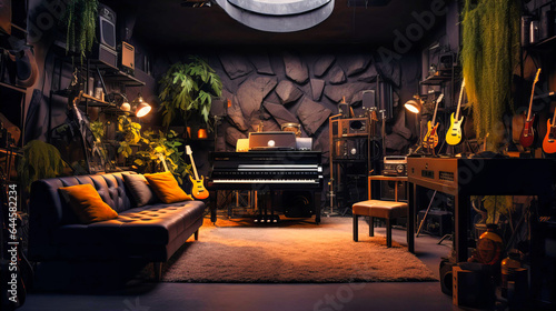 Studios with dark walls for music or art creation,