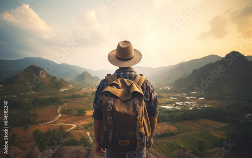 Young traveler wearing a hat with backpack hiking outdoor Travel Lifestyle and Adventure concept