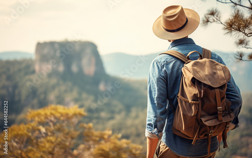 Young traveler wearing a hat with backpack hiking outdoor Travel Lifestyle and Adventure concept