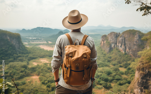 Young traveler wearing a hat with backpack hiking outdoor Travel Lifestyle and Adventure concept