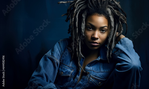 African American woman with a dreadlocks wearing a denim shirt looking down at the camera with a smile.