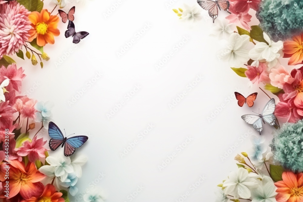 Butterflies and flowers frame on white wallpaper. AI generated