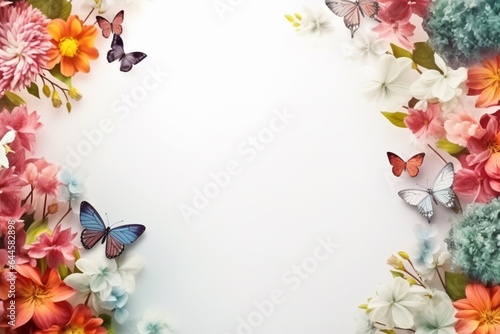 Butterflies and flowers frame on white wallpaper. AI generated