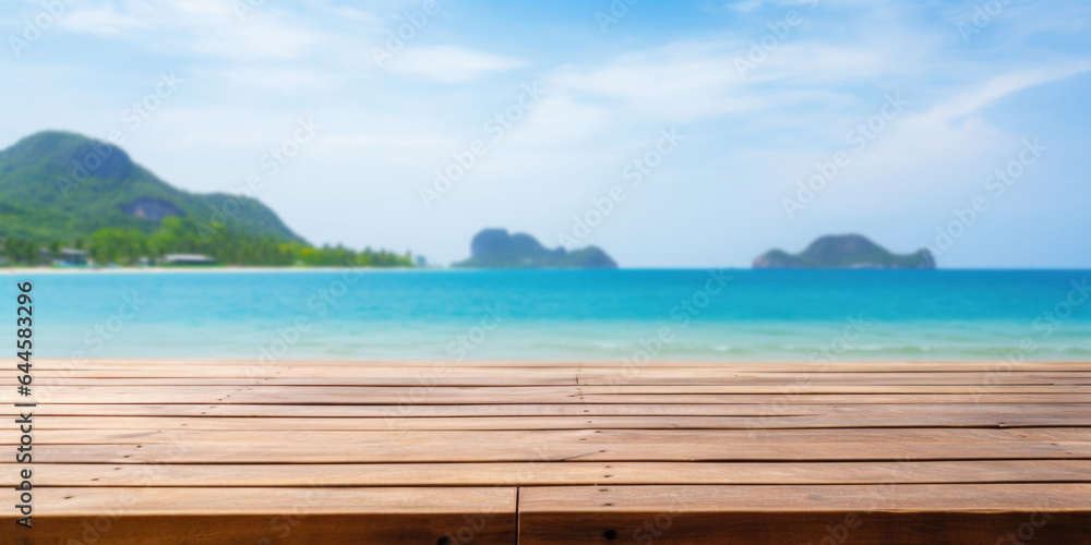 Empty wood table with tropical sea, Background with copy space for product display, Summer vacation, generative ai