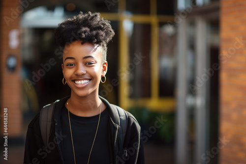 Student African American girl dresssed with sweatshirt carrying a backpack in high school playground