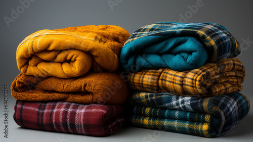 pile of colorful warm plaid on white background
