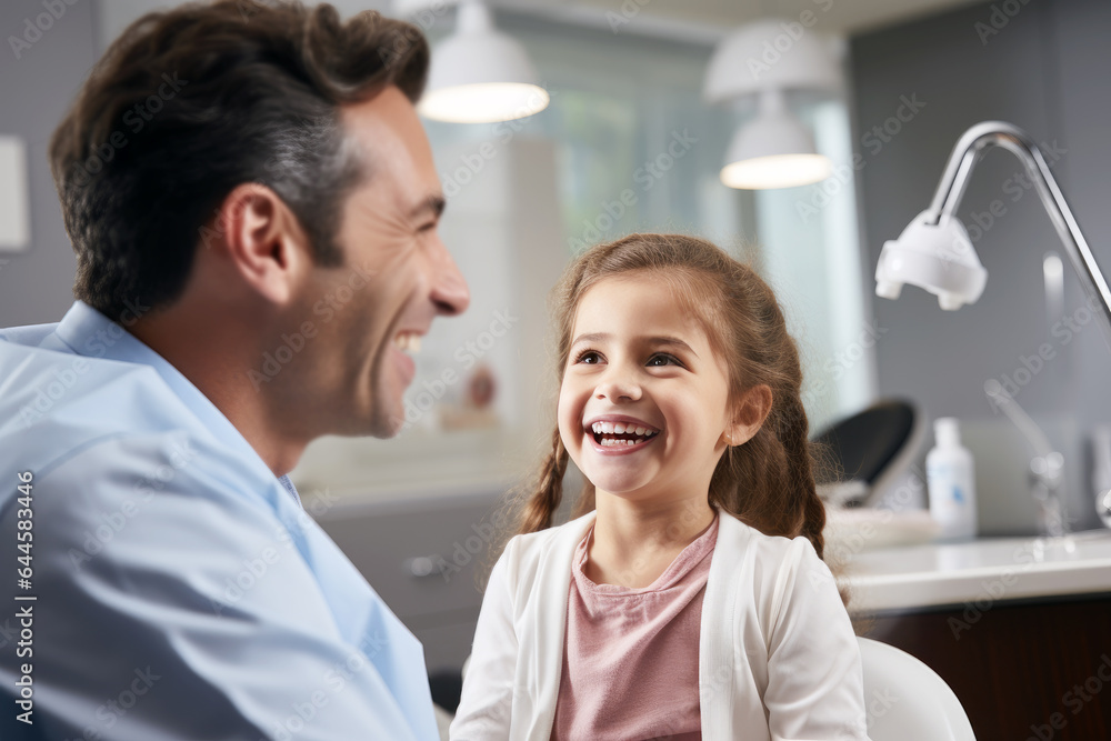 Male doctor examines child girl patient in hospital, modern clinic, mental health assessment, child wellness concept Male doctor examines child girl patient in hospital, modern clinic, mental health assessment, child wellness concept