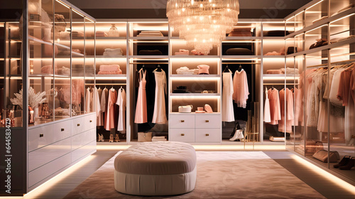 Walk-in closet with illuminated shelves photo