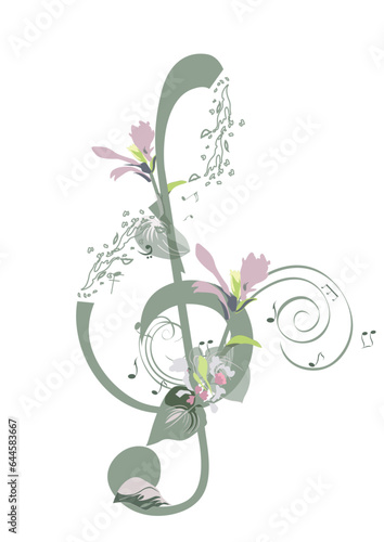 Abstract treble clef decorated with summer, autumn, winter and spring decorations: flowers, leaves, notes, birds. Hand drawn musical vector illustration.