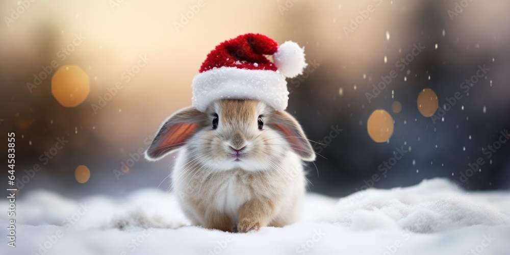 Cute rabbit in a santa costume with red santa hats, Holiday Christmas winter decoration background, generative ai
