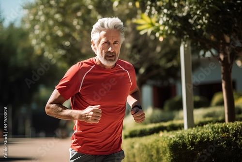 Senior man going for a run and living a healthy lifestyle for longevity. Jogging for a Healthy Long Life. generative AI