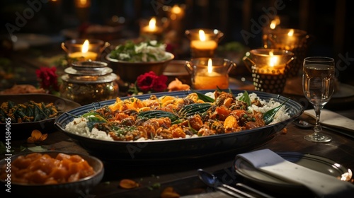 A dining table, adorned with exquisite ceramic dinnerware and a lavish Diwali feast
