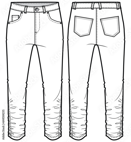 Women's ruched denim jeans trouser pants front and back view flat sketch fashion illustration, five pockets denim pants vector template
