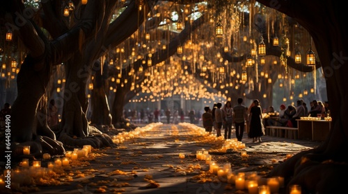 Ancient banyan trees draped with marigold garlands and strings of twinkling fairy lights