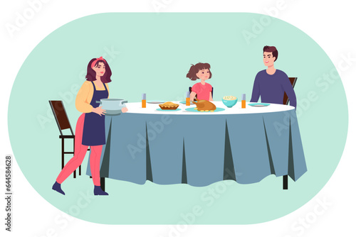 Mother bringing food to dinner table vector illustration. Cartoon drawing of father, mother and daughter eating Thanksgiving dinner together. Family, relationship, celebration concept