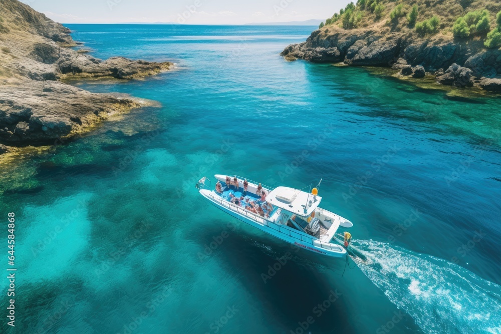 Aerial view of boat in turquoise sea with rocks and blue sky, Aerial view of a rib boat with snorkelers and divers at the turquoise colored coast of the Aegean Sea in Greece, AI Generated