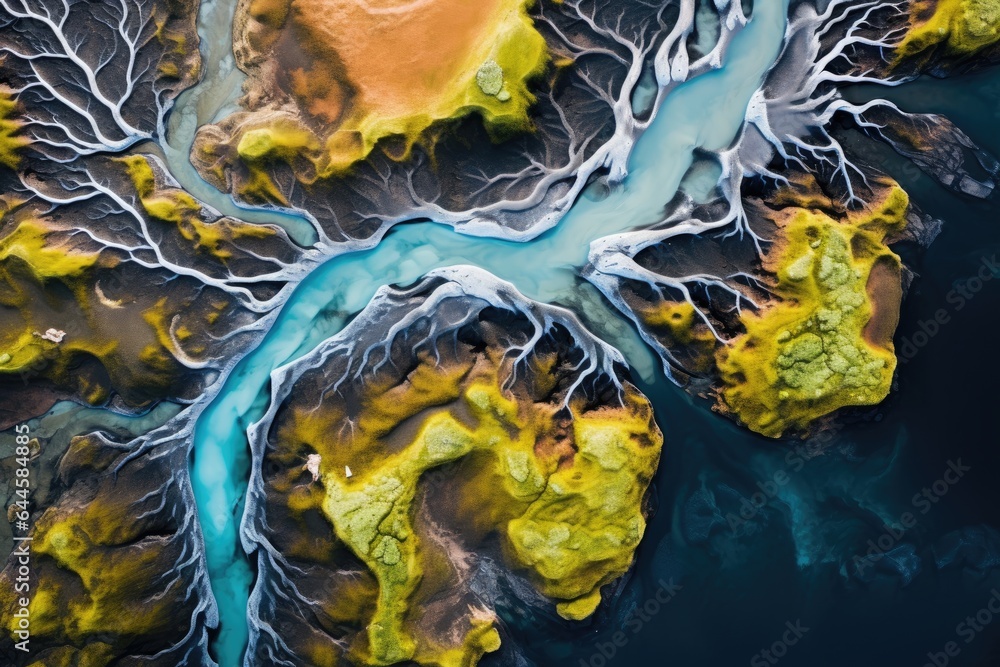 Aerial view of volcanic crater lake in Iceland. Drone photography. Aerial view from above on a green and blue glacier river stream in South Iceland, AI Generated