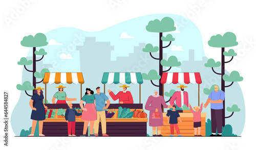 Harvest festival market stalls with sellers and families. People buying fresh vegetables at harvest market vector illustration. Harvest, farming, marketing, celebration, holiday, autumn concept