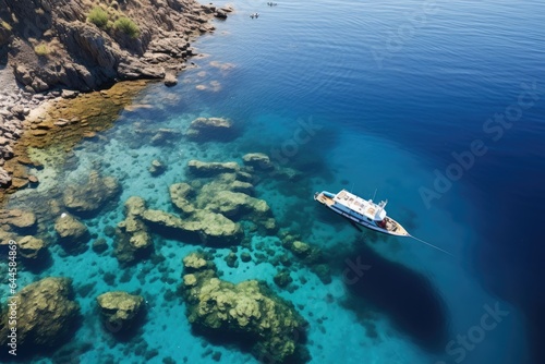 Aerial view of a boat in the blue sea, Crete, Greece, Aerial view of a rib boat with snorkelers and divers at the turquoise colored coast of the Aegean Sea in Greece, AI Generated © Iftikhar alam