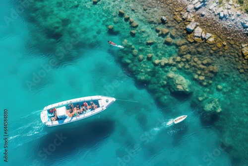 Aerial view of boat on the turquoise sea. Top view. Aerial view of a rib boat with snorkelers and divers at the turquoise colored coast of the Aegean Sea in Greece, AI Generated © Iftikhar alam