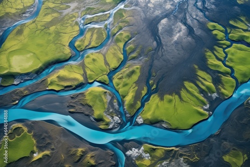 Aerial view of a river in Iceland, seen from a helicopter. Aerial view from above on a green and blue glacier river stream in South Iceland, AI Generated