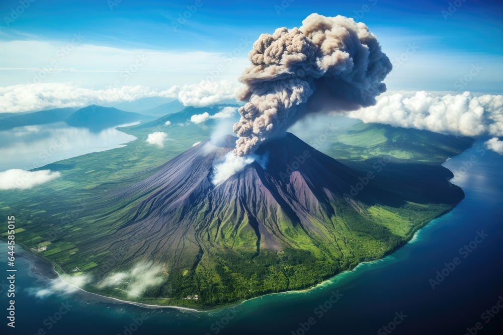 Obraz premium Volcano on the island of Kamchatka. View from above. Aerial view of Gamalama Volcano on Ternate, Indonesia, AI Generated