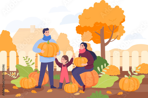Happy family at pumpkin patch farm vector illustration. Cartoon drawing of mother, father and daughter during seasonal traditional gathering. Harvest, marketing, farming, autumn, Thanksgiving concept
