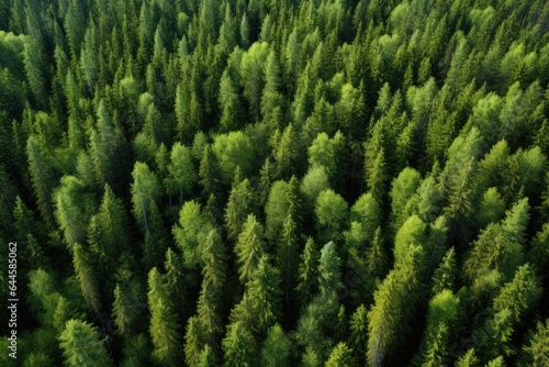 Aerial view of coniferous forest in sunny summer day. Aerial view of green summer forest with spruce and pine trees in Finland, AI Generated