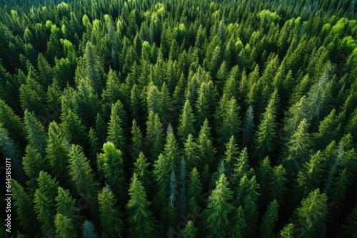 Aerial view of coniferous forest. Top view from drone, Aerial view of green summer forest with spruce and pine trees in Finland, AI Generated