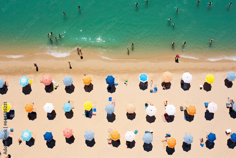 Aerial view of people on the beach with umbrellas and sunbeds, Aerial view of people sunbathing on the beach in summer, AI Generated