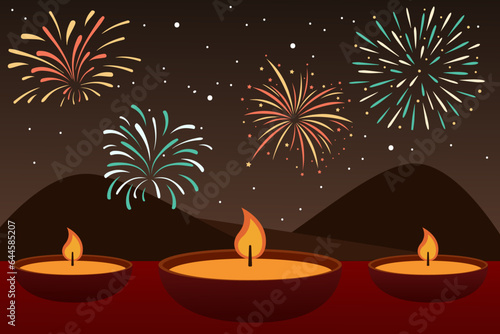 Candles and fireworks for Diwali festival celebration. Hinduism holiday symbols  Indian traditional festival of lights vector illustration. Decoration  celebration  Diwali  India  religion concept