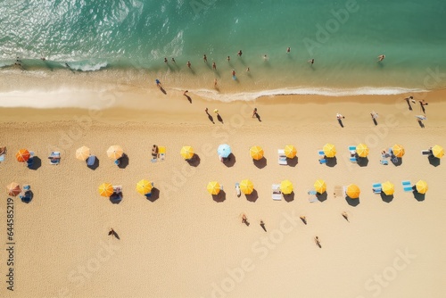 Aerial view of people on the beach in summer. Top view from drone, Aerial view of people sunbathing on the beach in summer, AI Generated