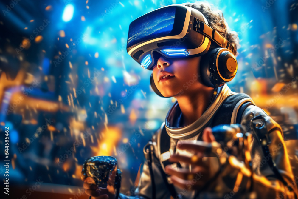 Young boy in virtual reality headset. Future technology concept. Young boy in virtual reality headset. Future technology concept.