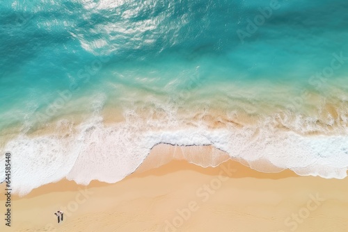 Aerial view of beautiful tropical beach with white sand and turquoise ocean wave, Aerial view of sandy beach with tourists swimming in beautiful clear sea water, AI Generated