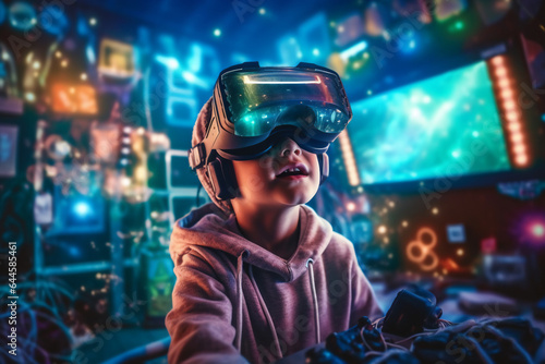 Young boy in virtual reality headset. Future technology concept.