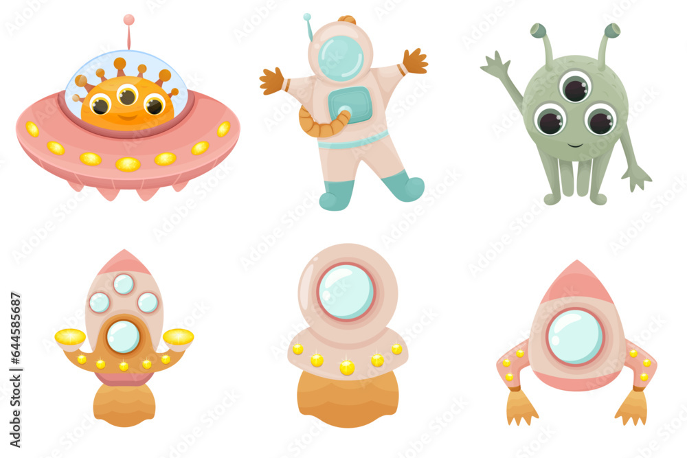Naklejka premium Cute illustrations theme space , rockets , astronaut , aliens , spaceship , cartoon style , vector 