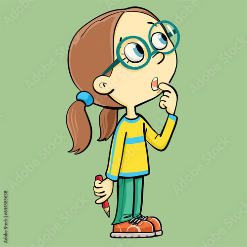 schoolgirl looks surprised at the imagined task in space