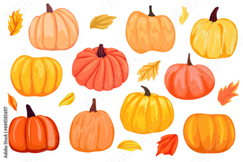  Set of different pumpkins, autumn season, autumn leaves, clip art, cartoon pumpkins for holiday decoration 